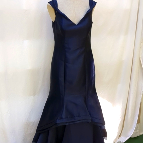 Xscape Navy Off-Shoulder Prom Dress - Picture 3 of 14